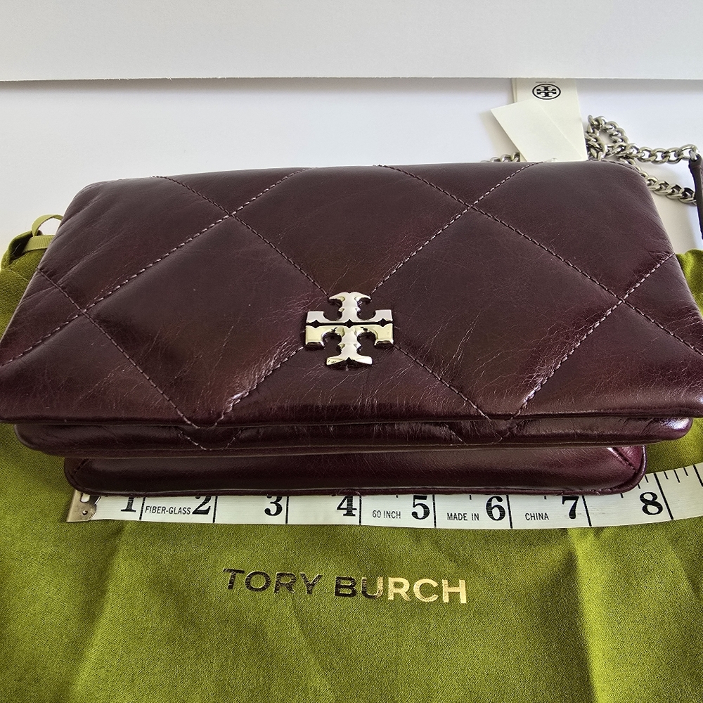 Tory Burch Kira Diamond Distressed Leather Chain Wallet Dark Carmine - Picture 12 of 14